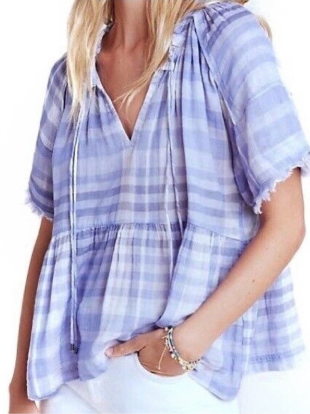Pilcro by Anthropologie Bette Babydoll Blouse in Blue and White Plaid. Size XS